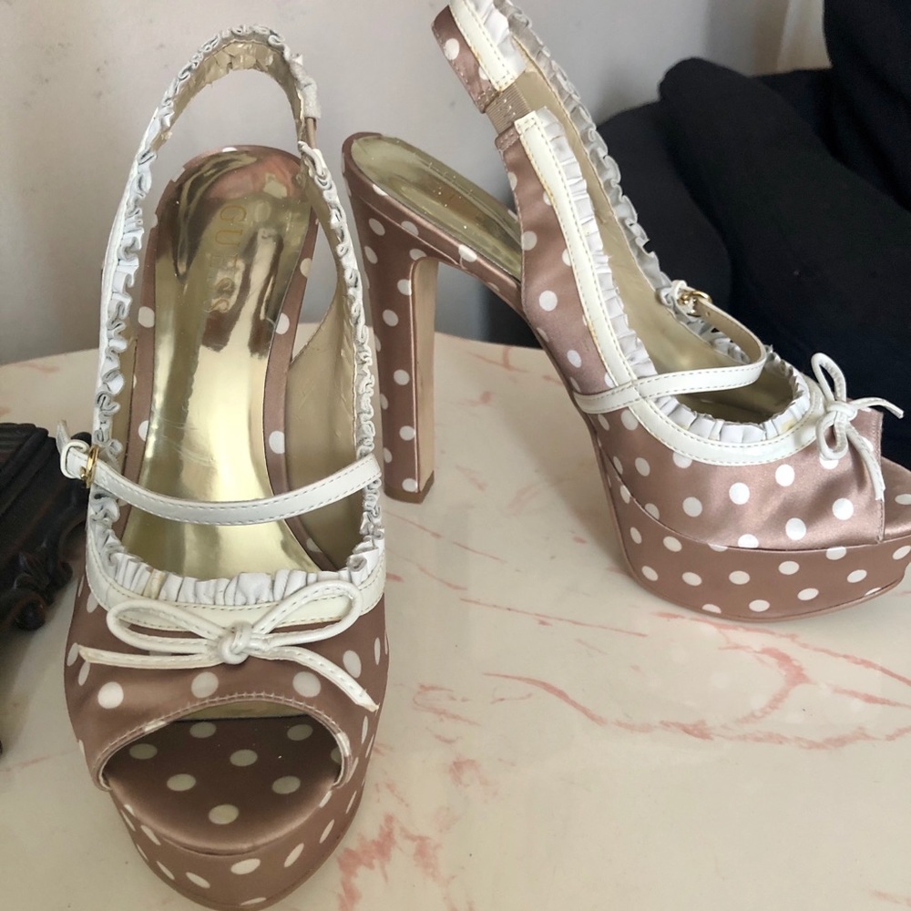 Guess Polka Dot Satin PeepToe Platform Heels